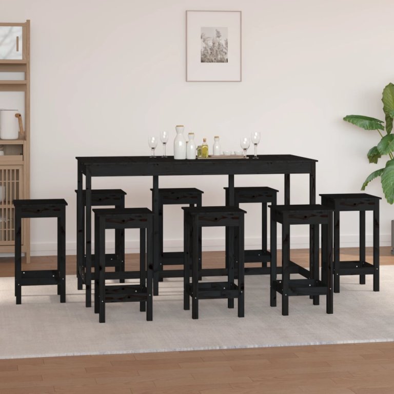 Set mobilier de bar, 9 piese, negru, lemn masiv de pin