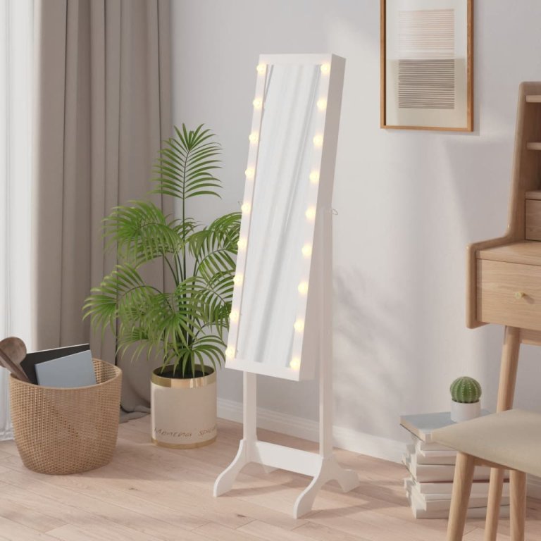 Oglindă de sine stătătoare cu LED, alb, 34x37x146 cm