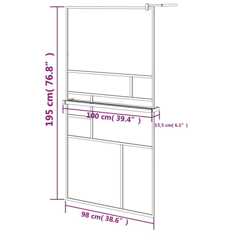 Paravan duș walk-in cu raft negru 100x195cm sticlă ESG/aluminiu