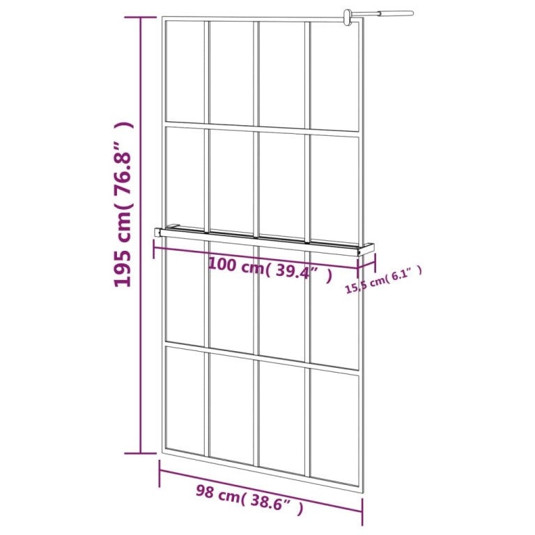 Paravan duș walk-in cu raft negru 100x195cm sticlă ESG/aluminiu