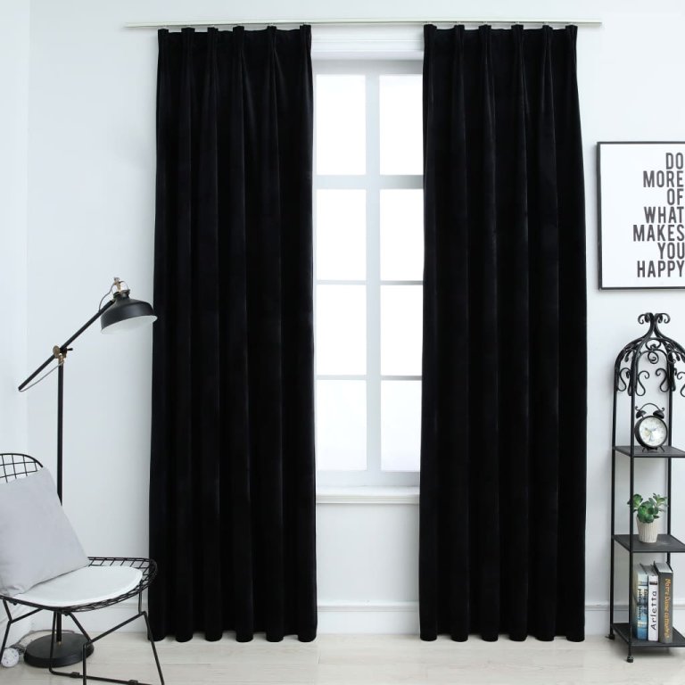 Draperii opace, 2 buc., negru, 140x225 cm, catifea, cu cârlige