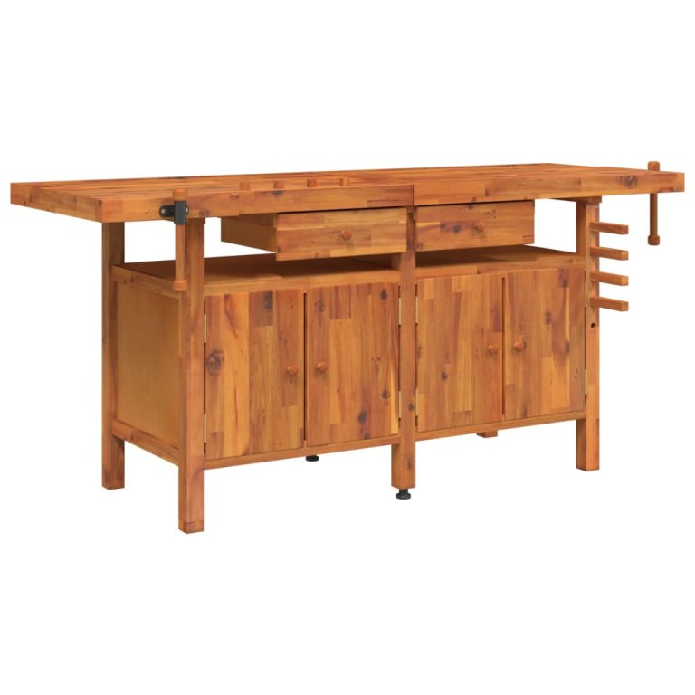 Banc de lucru cu sertare și menghine, 192x62x83 cm, lemn acacia