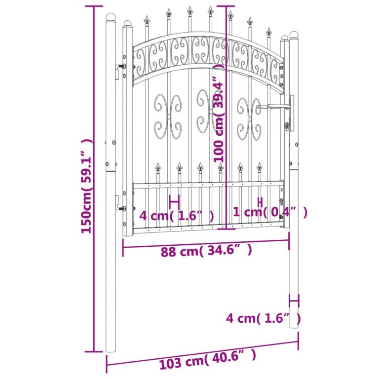 Poartă gard cu vârf negru 103x150 cm oțel vopsit electrostatic