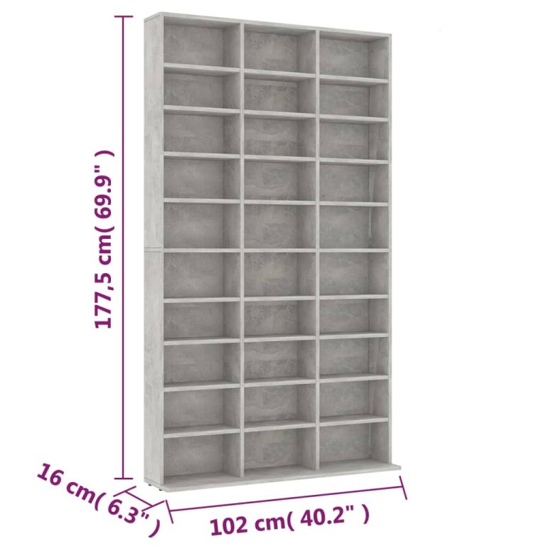 Dulap pentru CD-uri, gri beton, 102x16x177,5 cm, lemn compozit