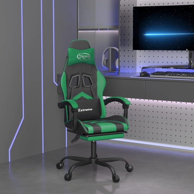 Scaun de gaming cu suport picioare negru/verde, piele ecologică