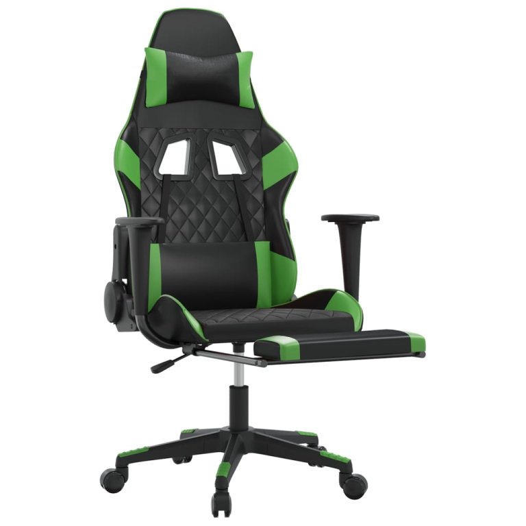 Scaun de gaming cu suport picioare negru/verde, piele ecologică