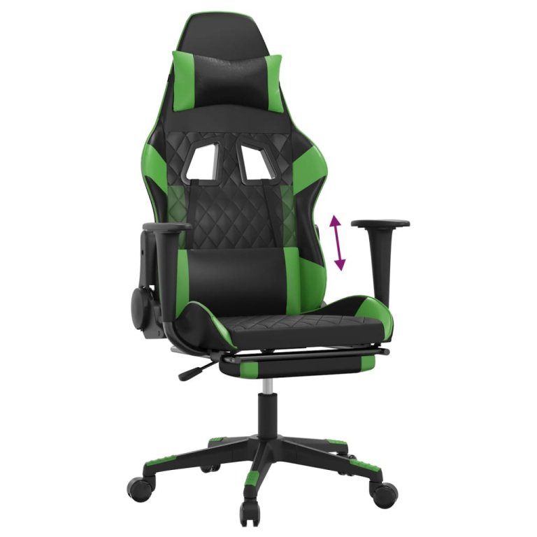 Scaun de gaming cu suport picioare negru/verde, piele ecologică