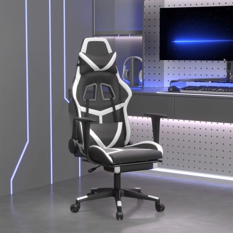 Scaun de gaming cu suport picioare, negru/alb, piele ecologică