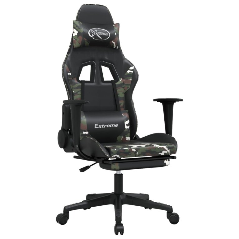 Scaun de gaming cu suport picioare, negru/camuflaj, piele eco