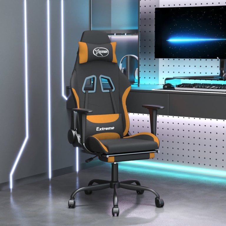 Scaun de gaming cu suport picioare, negru și oranj, textil