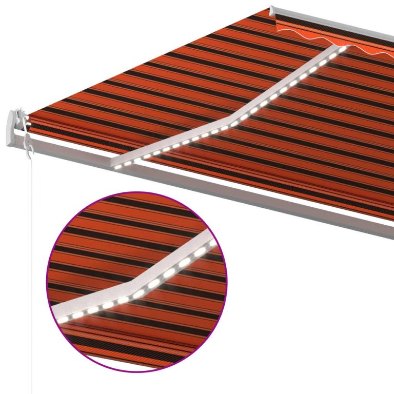 Copertină retractabilă manual LED portocaliu și maro, 6x3,5 m