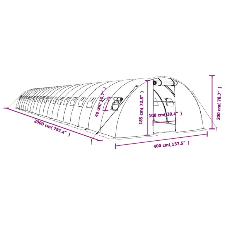 Seră cu cadru din oțel, alb, 80 m², 20x4x2 m