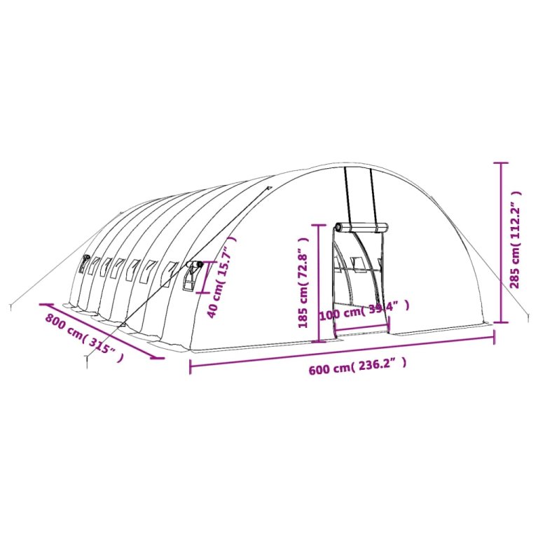 Seră cu cadru din oțel, verde, 48 m², 8x6x2,85 m