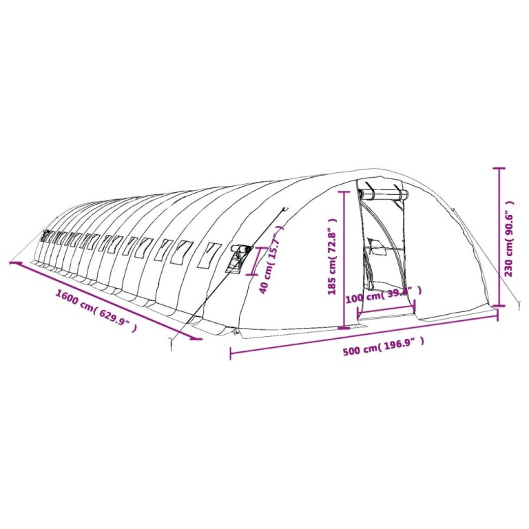 Seră cu cadru din oțel, verde, 80 m², 16x5x2,3 m