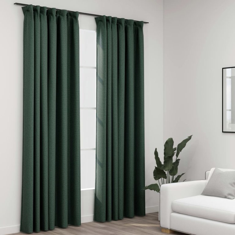 Draperii opace aspect in, cu cârlige, 2 buc. verde, 140x245 cm