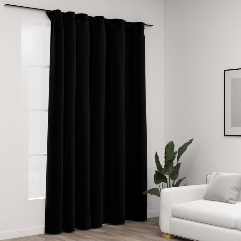 Draperii opace, aspect de in, negru, 290 x 245 cm, cu cârlige