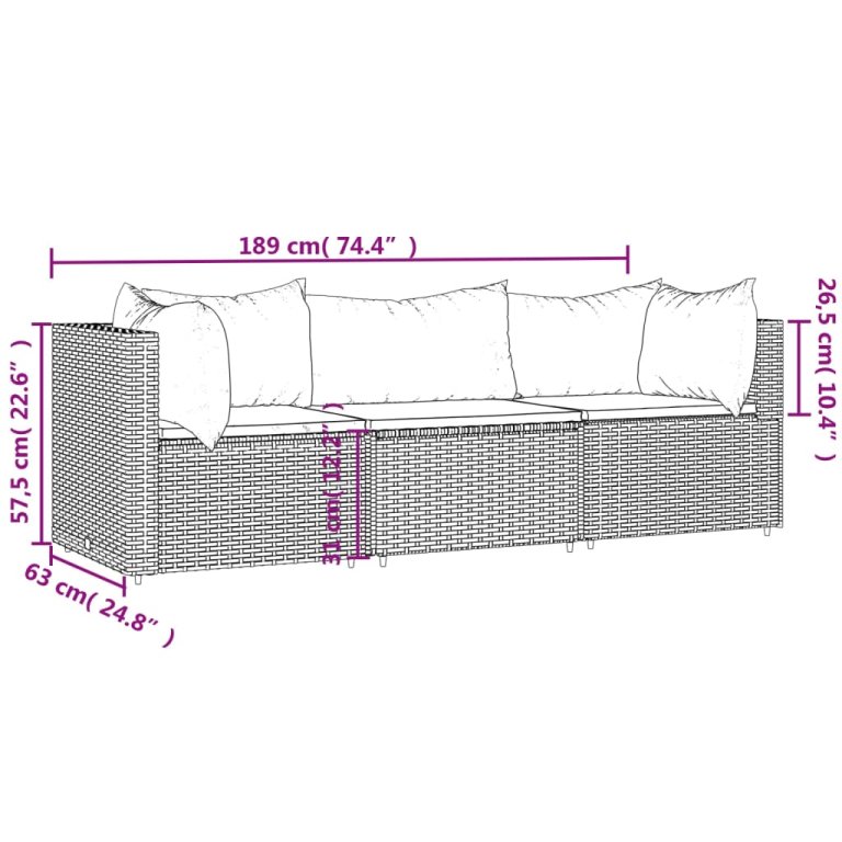 Set mobilier de grădină cu perne, 3 piese, gri, poliratan