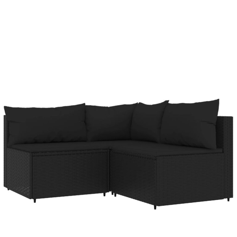 Set mobilier de grădină cu perne, 3 piese, negru, poliratan