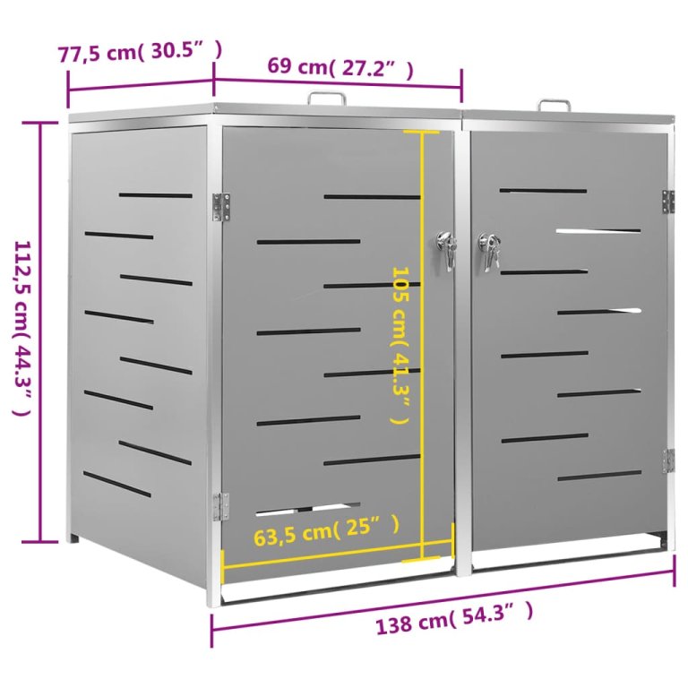 Magazie pentru două pubele, 138x77,5x112,5 cm, oțel inoxidabil