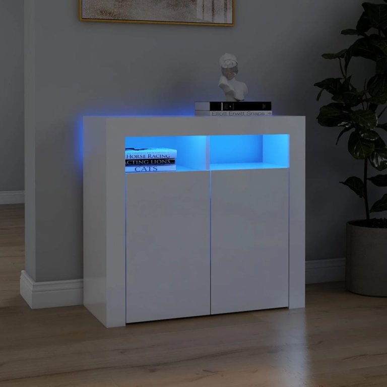 Servantă cu lumini LED, alb extralucios, 80x35x75 cm