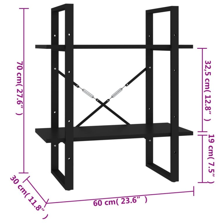 Bibliotecă cu 2 rafturi, negru, 60x30x70 cm, PAL