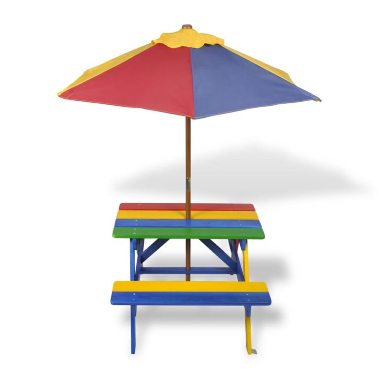 Masă de picnic pentru copii cu bănci & umbrelă, lemn multicolor