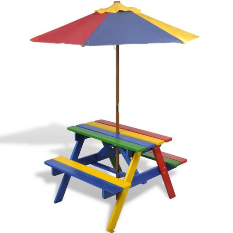 Masă de picnic pentru copii cu bănci & umbrelă, lemn multicolor