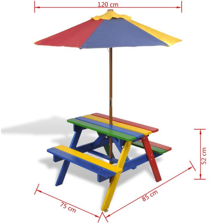 Masă de picnic pentru copii cu bănci & umbrelă, lemn multicolor