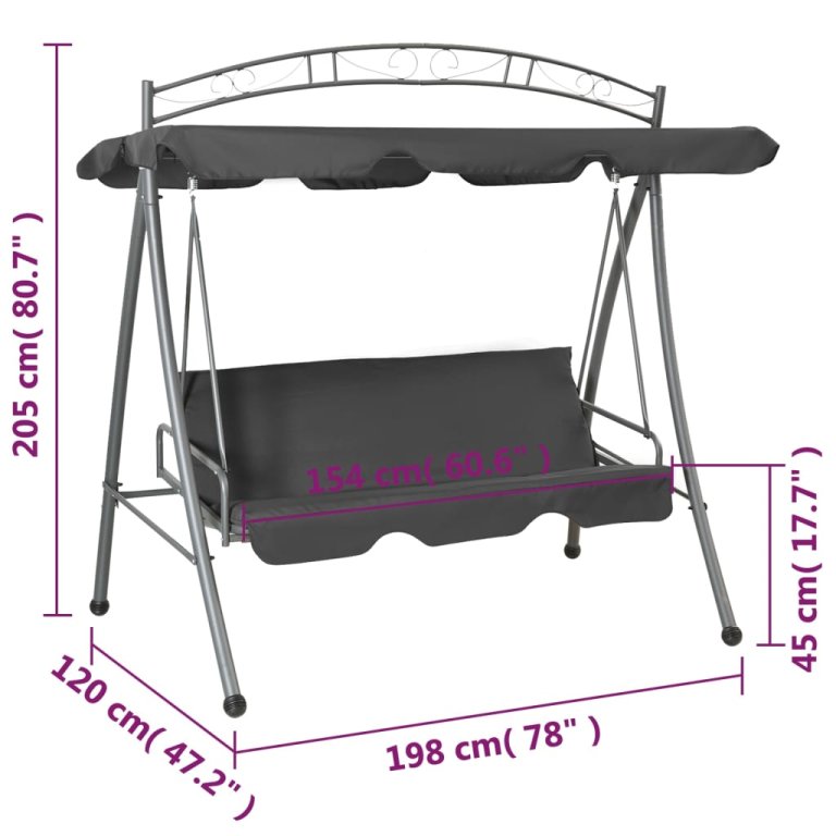 Balansoar extensibil cu copertină antracit 198x120x205 cm oțel