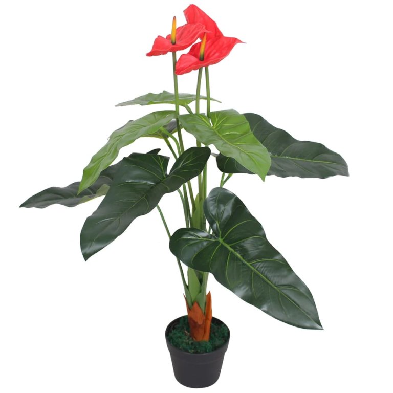 Plantă artificială Anthurium cu ghiveci, 90 cm, roșu și galben