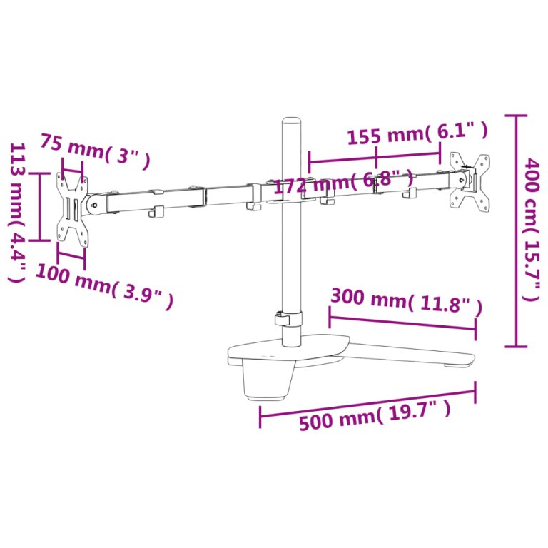 Suport de perete pentru monitor dublu VESA 75/100 mm negru oțel