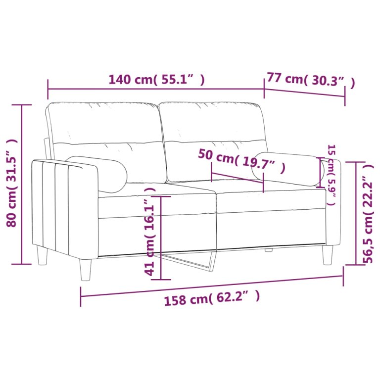 Canapea cu 2 locuri cu pernuțe, gri închis, 140 cm, textil