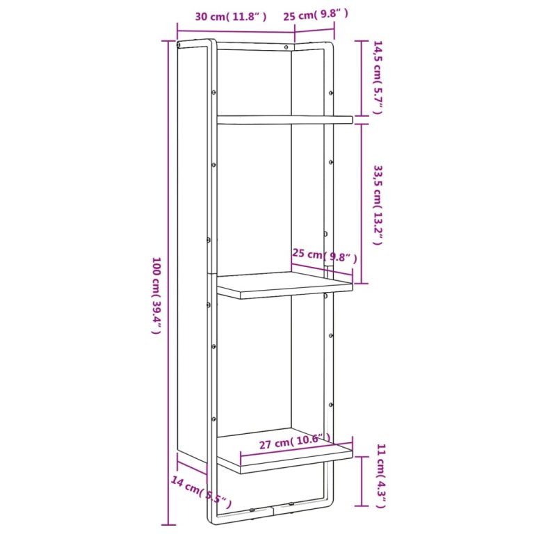 Raft cu 3 niveluri stejar maro, 30x25x100 cm, lemn prelucrat