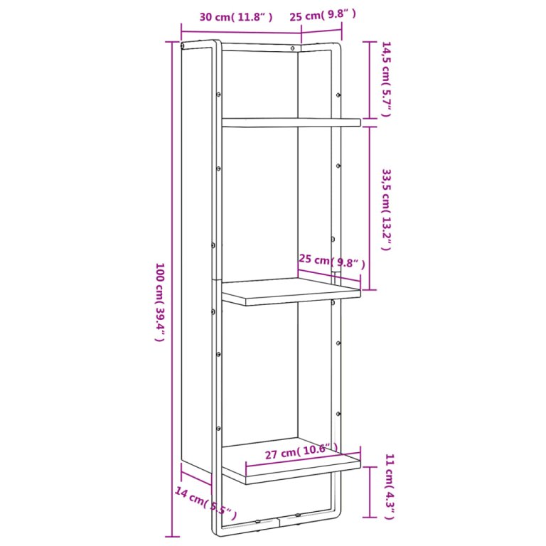 Raft cu 3 niveluri stejar fumuriu, 30x25x100 cm, lemn prelucrat