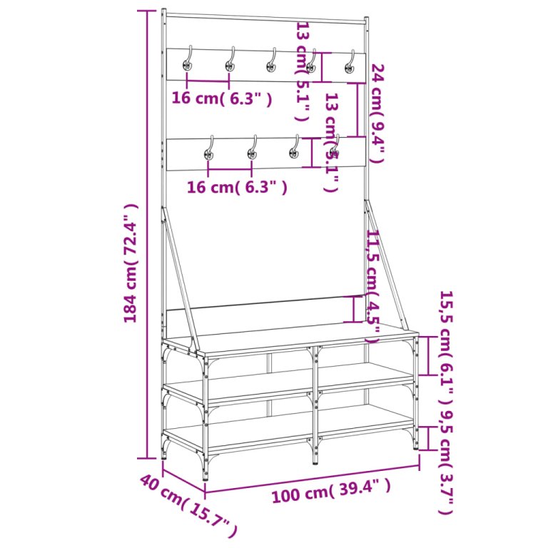 Suport de haine cu raft de pantofi, negru, 100x40x184 cm