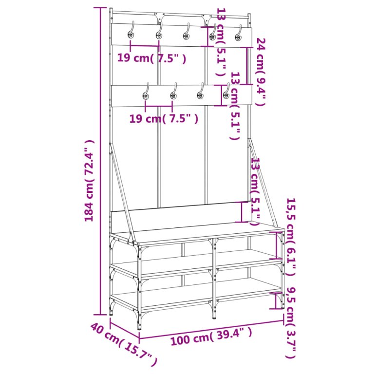 Suport de haine cu raft de pantofi stejar fumuriu, 100x40x184cm