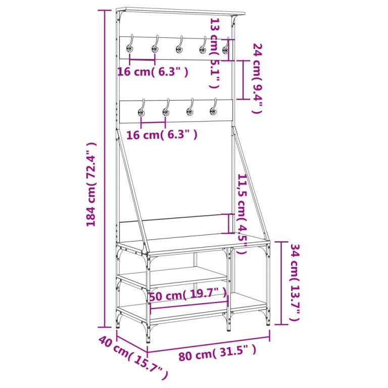 Suport de haine cu raft de pantofi stejar fumuriu, 80x40x184 cm