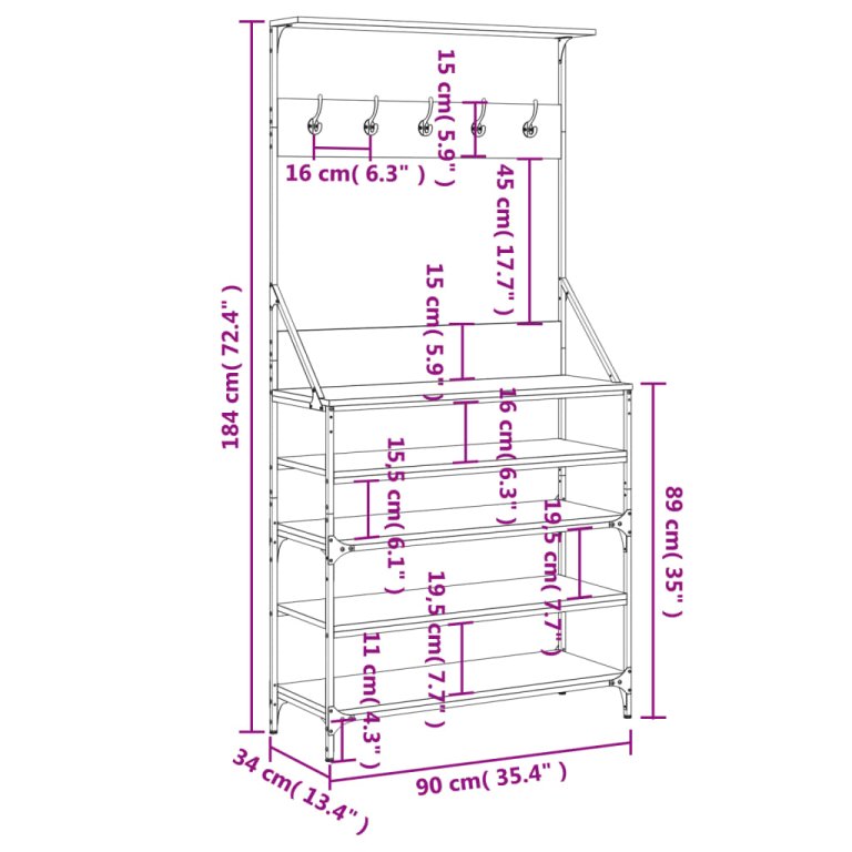 Suport de haine cu raft de pantofi stejar fumuriu, 90x34x184 cm