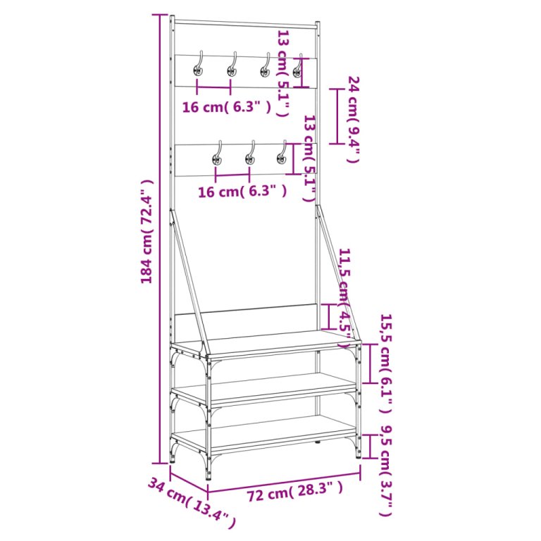 Suport de haine cu raft pantofi, sonoma gri, 72x34x184 cm