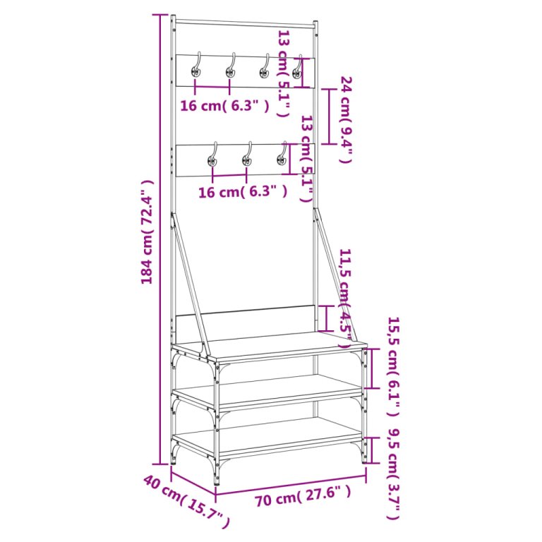 Suport de haine cu raft pantofi, sonoma gri, 70x40x184 cm