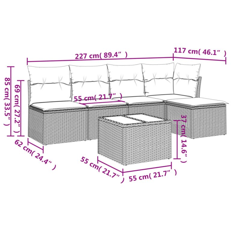 Set mobilier de grădină cu perne, 6 piese, negru, poliratan