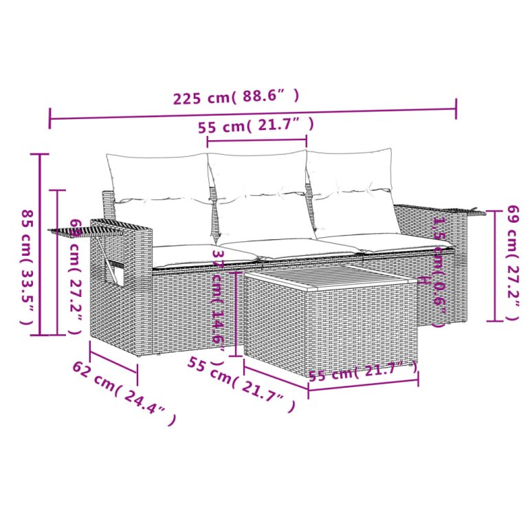 Set mobilier de grădină cu perne, 4 piese, negru, poliratan