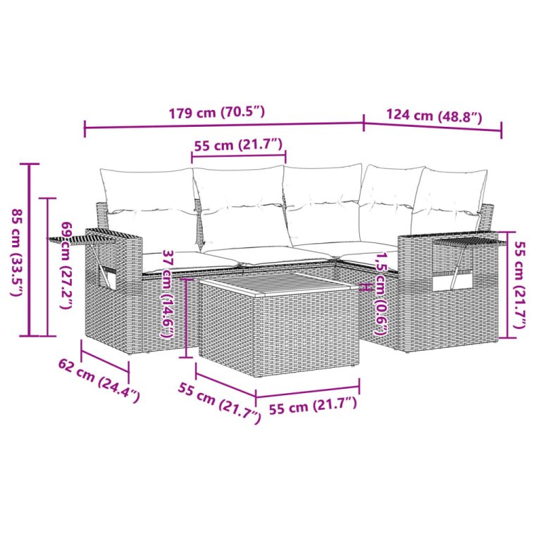 Set mobilier de grădină cu perne, 5 piese, negru, poliratan