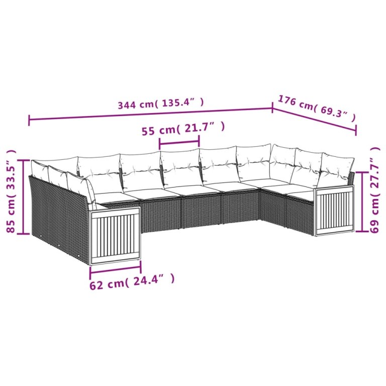 Set mobilier de grădină cu perne, 10 piese, gri, poliratan