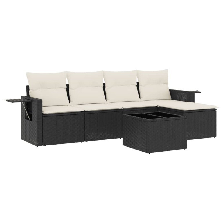 Set mobilier de grădină cu perne, 6 piese, negru, poliratan