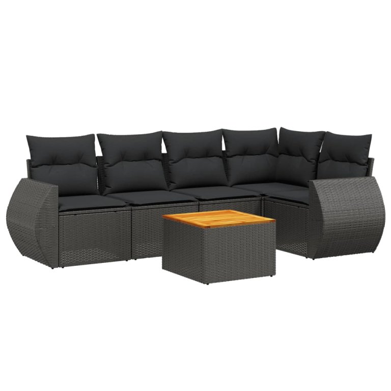 Set mobilier de grădină cu perne, 6 piese, negru, poliratan