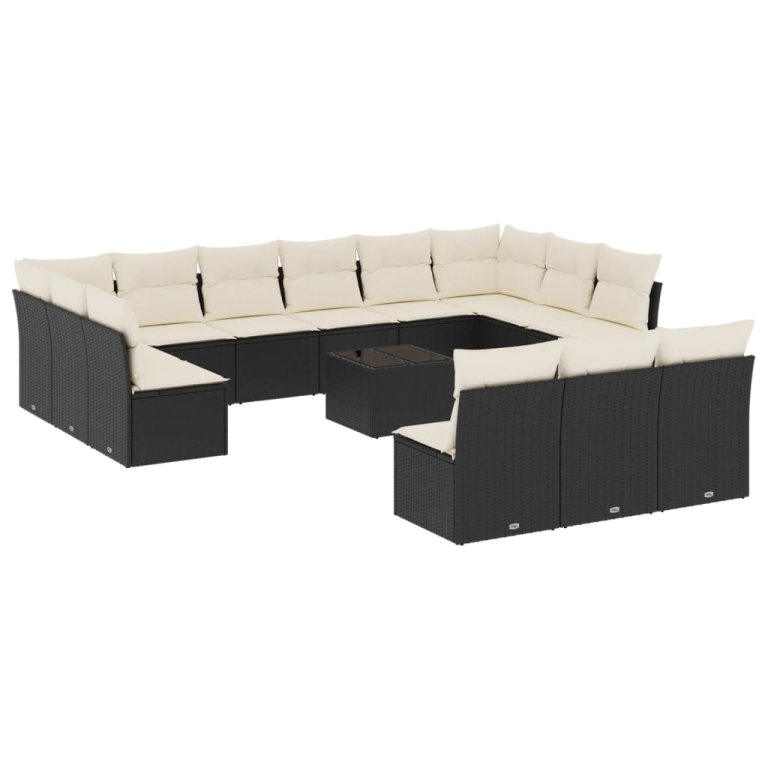 Set mobilier de grădină cu perne, 14 piese, negru, poliratan