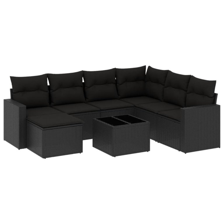 Set mobilier de grădină cu perne, 8 piese, negru, poliratan