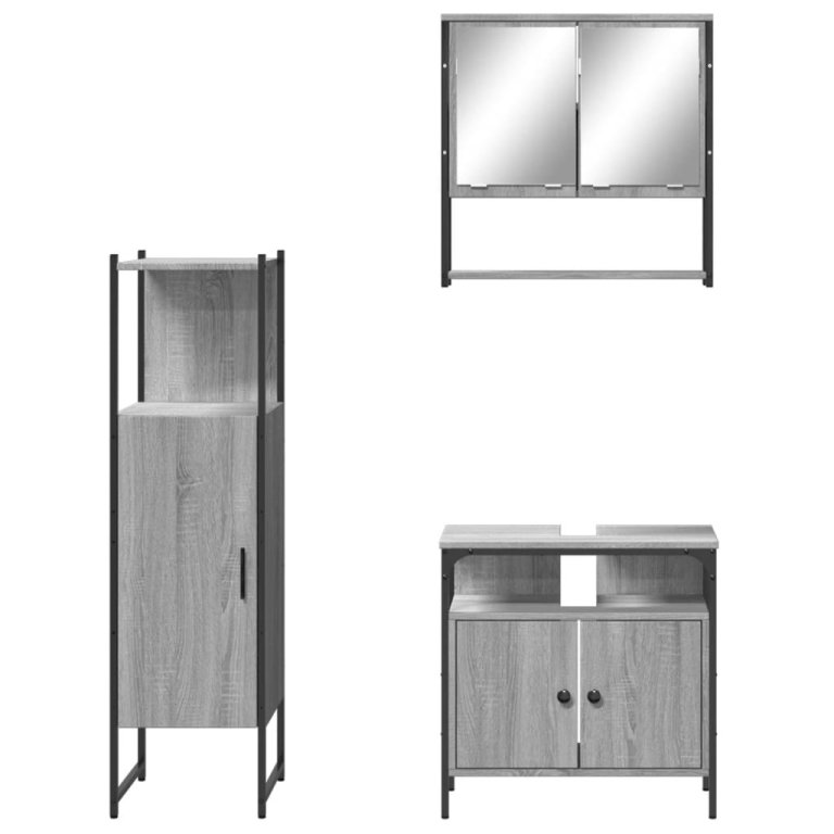 Set mobilier de baie, 3 piese, gri sonoma, lemn prelucrat