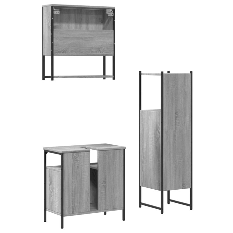 Set mobilier de baie, 3 piese, gri sonoma, lemn prelucrat